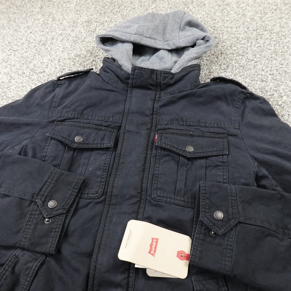 NEW Levis Jacket Mens S Black Hooded Sherpa Lined Military Trucker Coat Utility